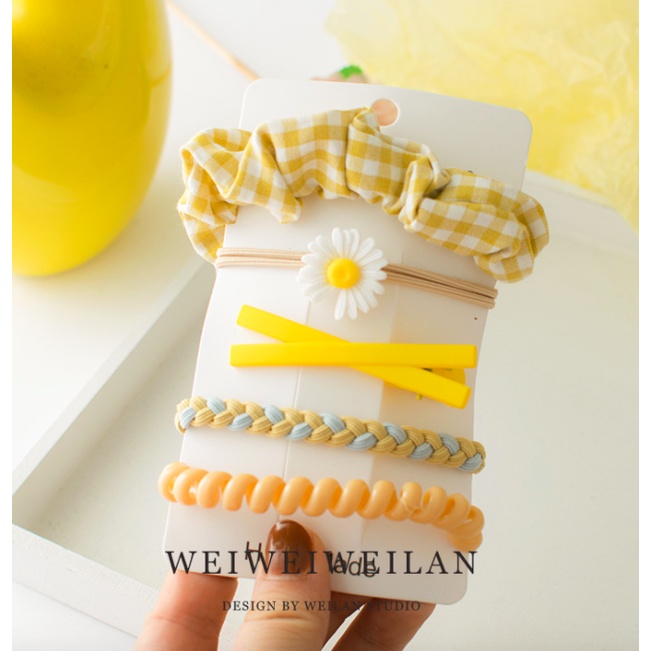 Ikat Rambut Korea Towel Ring Set ( isi 50pcs)-SET(5pc)KUNING KOTAK
