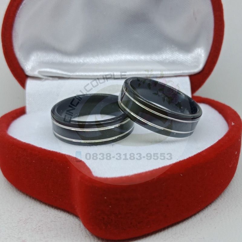 4s Grosir Solo || Cincin Titanium Hitam motif 2 garis Silver Anti Karat &amp; Luntur Cocok utk Pria dan Wanita