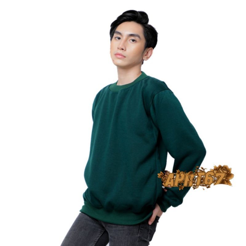 [BAYAR DITEMPAT] APRT67 Jaket Sweater Polos Pria Hijau Tua Murah, Crewneck Polos Cowok di malang