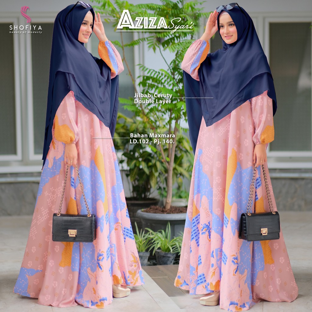 DRESS AZIZAH SYARI ORI SHOFIYAH/ GAMIS  JUMBO MAT. MAXMARA LD 102 FREE JILBAB CERUTY DOBLE LAYER