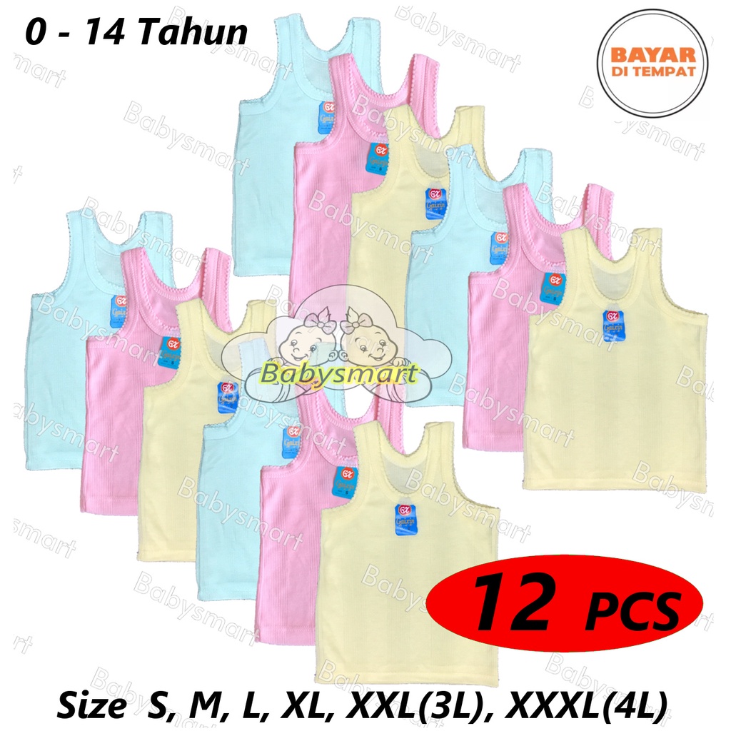 Babysmart - 12 PCS Kaos Dalam / Singlet Bayi/Anak PUTIH/WARNA RIANI/ORIN / singlet bayi new born - 13 Tahun Size S, M, L, XL, 3L, 4L