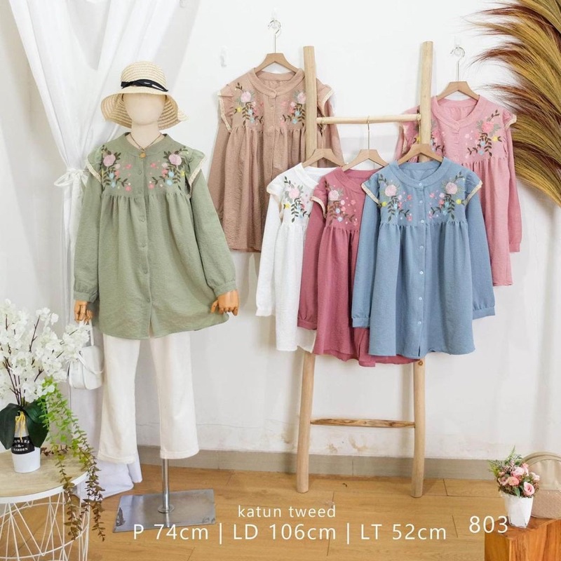 Blouse atasan lengan panjang bordir 803katun tweed