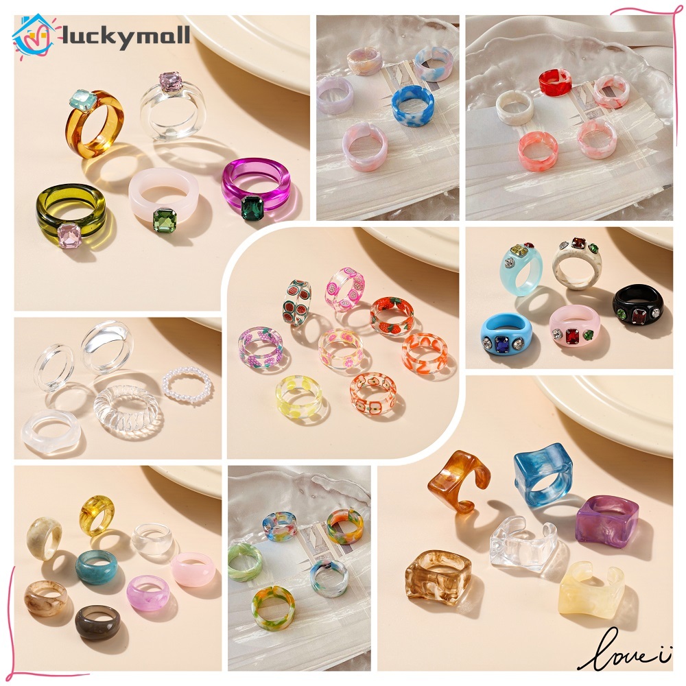 8pcs / Set Cincin Resin Hias Berlian Warna-Warni Gaya Retro Korea Untuk Wanita