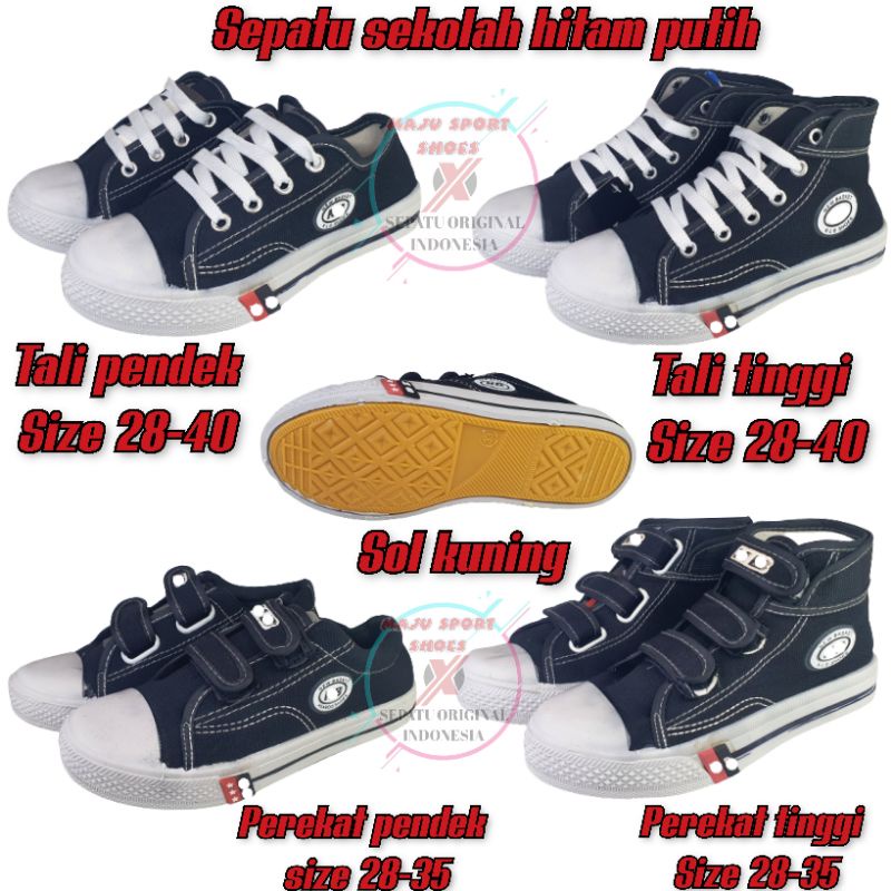 SEPATU SEKOLAH ANAK HITAM PUTIH TALI DAN PEREKAT SOL KUNING