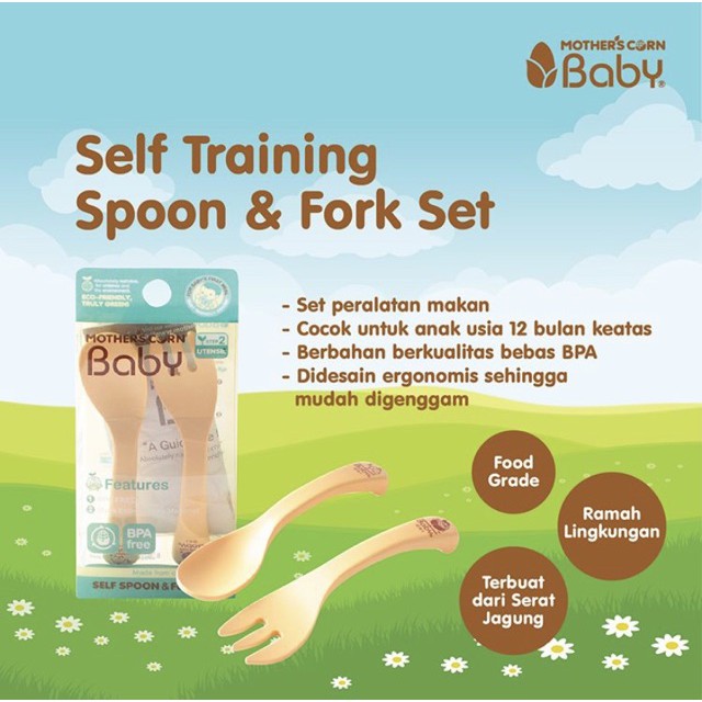 MOTHER’S CORN / Mothers Corn / Motherscorn Self Training Spoon and Fork Set (Sendok Garpu Anak Bayi