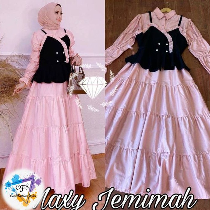 Baju gamis Wanita Remaja Outfit Lebaran Terbaru 2022 Termurah Busui Rompi Moscrepe Tangan Trompet