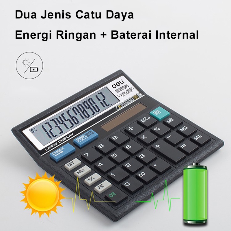 Deli Kalkulator 12 Digit Kalkulator Mini 120 Langkah Cek Layar LCD Tenaga Baterai / Energi Cahaya Desktop Calculator