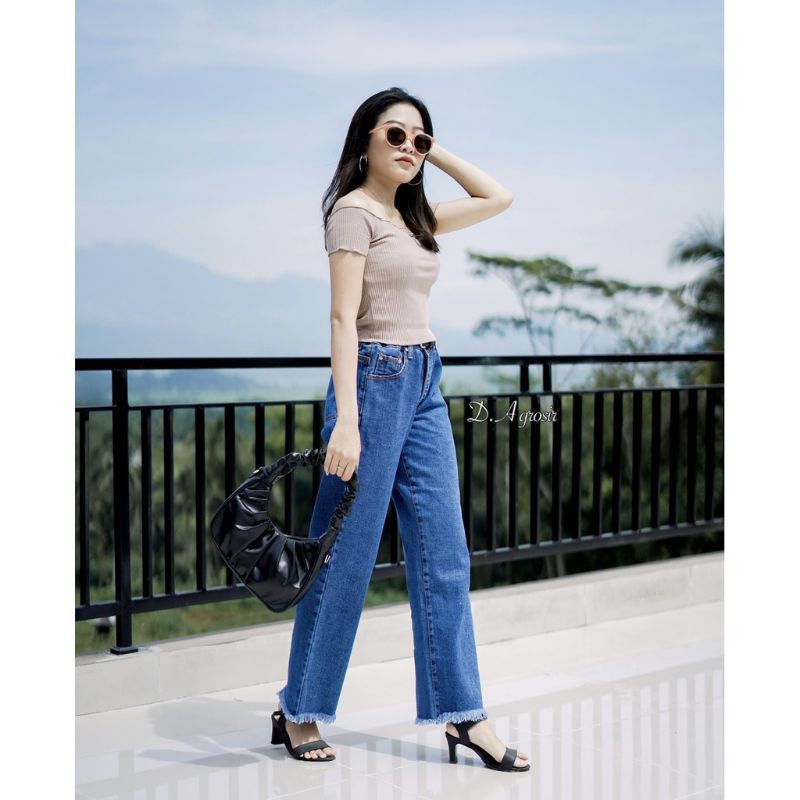 Jeans Kulot Rawis Wanita Putih Biru tua 27-30