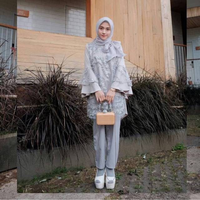 Setelan Baju Muslim Eterna Set Grey Celana Pashmina Stylish Desain Modern High Quality Shopee Indonesia