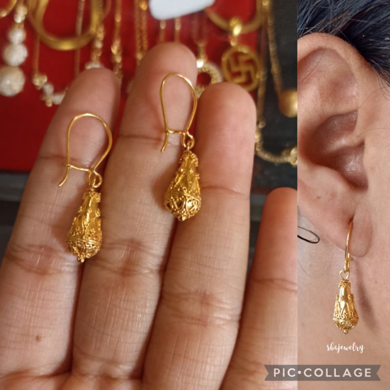 anting panjang bahan alpaka bali lapis emas