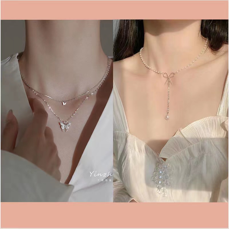 IFYOU Kalung Choker Desain Hati Butterfly Aksen Mutiara Gaya Korea Untuk Wanita