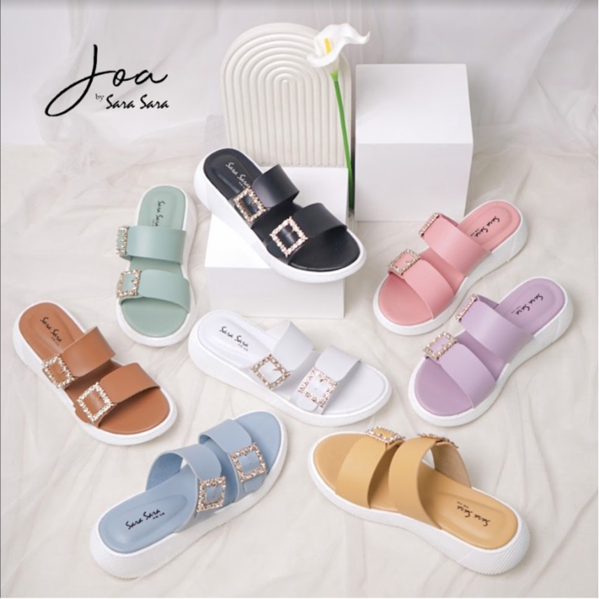 Sara Sara JOA Sandal Slop Wanita Kekinian Gesper Berlian Sendal Selop Cewek Sol Flatform Karet Sandal Wanita Terbaru