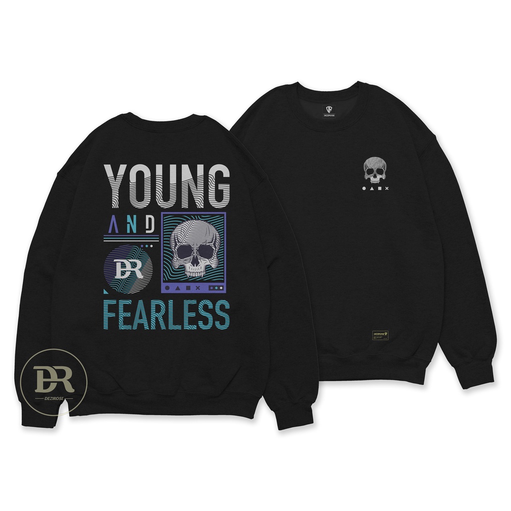 DEZIROSE Sweater Crewneck Young Fearless Pria &amp; Wanita Distro Fleece Tebal Hitam Premium Size M-XXL