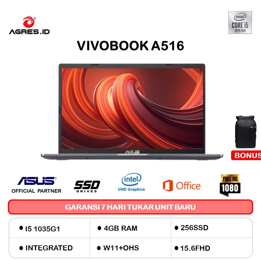 ASUS A516JAO VIPS521 I5 1035G1 4GB 256SSD W11+OHS 15.6FHD