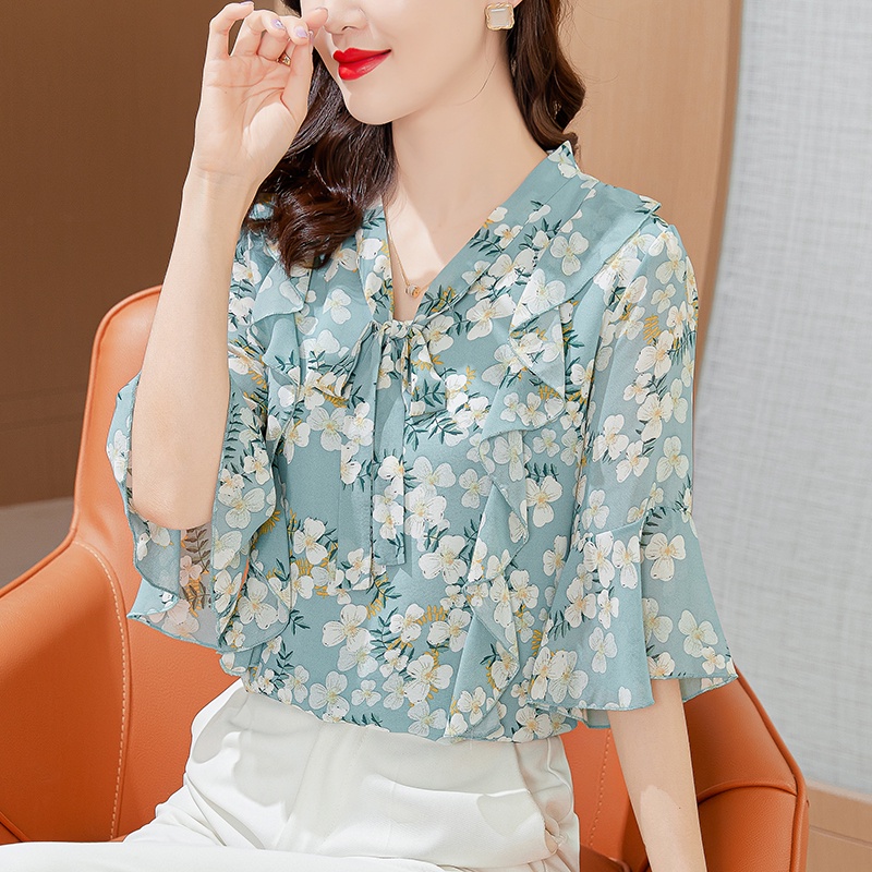 COD New 2022 Fashion Korean Chiffon Floral 3/4 Sleeve Shirts Pink Blue Women Blouse Tops Pakaian Serban