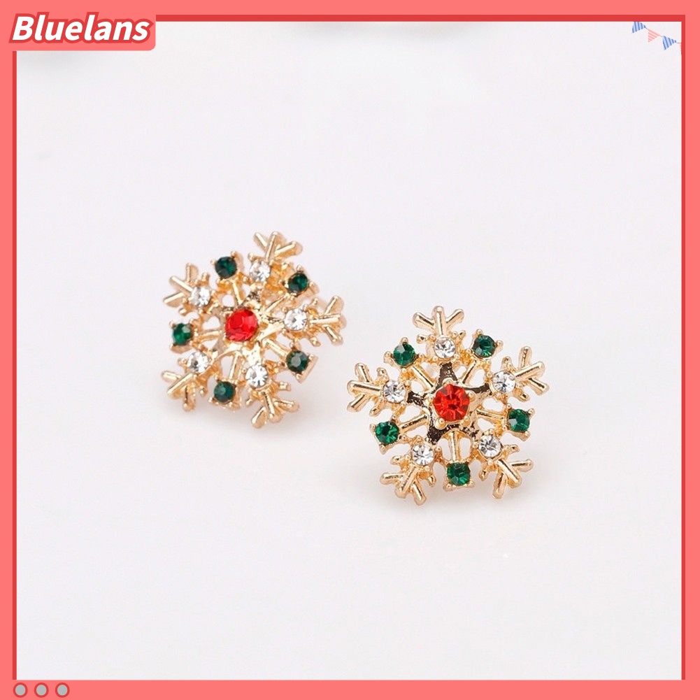 Anting Stud Desain Snowflake Natal Aksen Berlian Imitasi Untuk Wanita