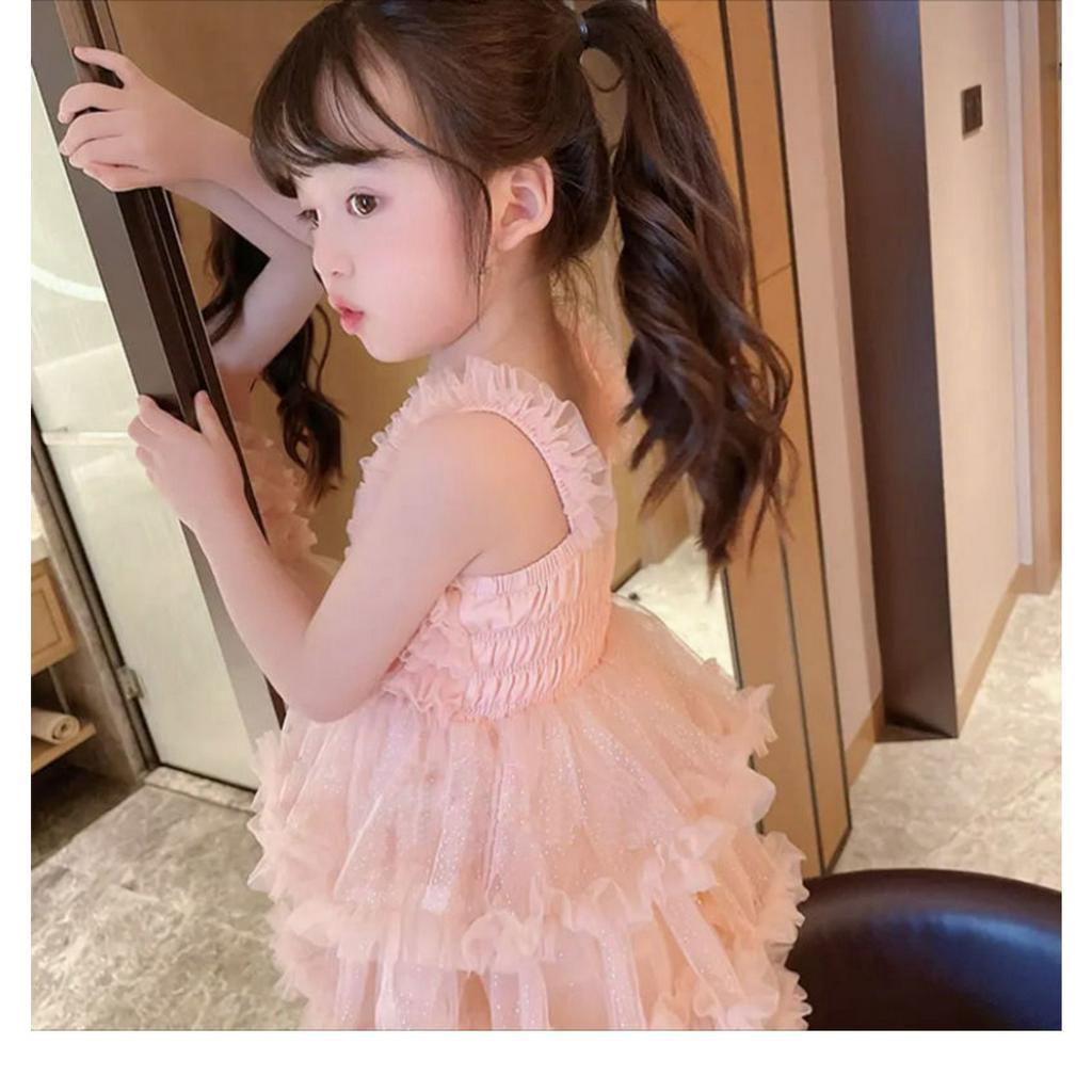 Dress Anak Perempuan Korean Style Tanpa Lengan Triple Layer Rumbai Pink