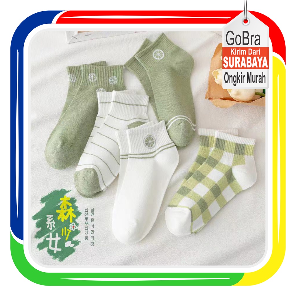 Gobra ♕ KK024 Kaos Kaki (Tanpa Kemasan) Wanita Tipis Pendek Semata Kaki Motif Lemon Hijau Kotak Garis Fashion Korea Women Sock Import Murah