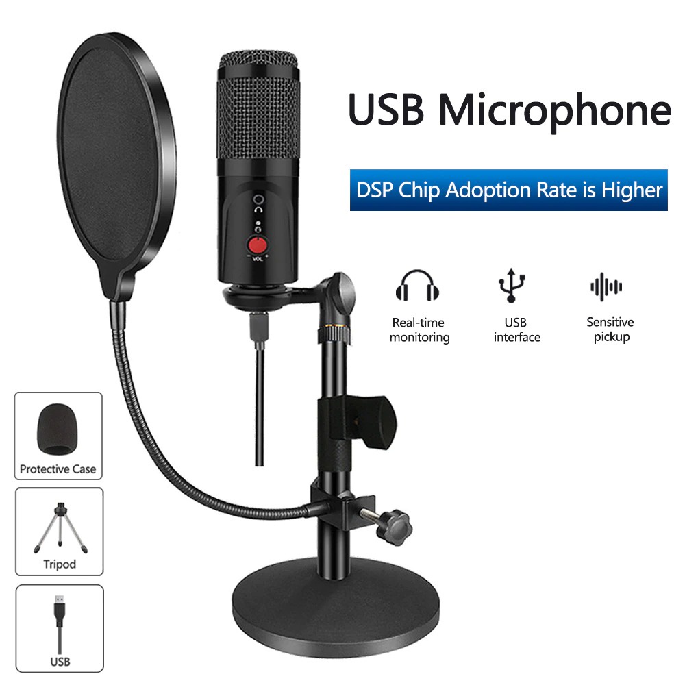 Microphone Condenser USB DJ Live Recording with Stand - MP1S10 - Black