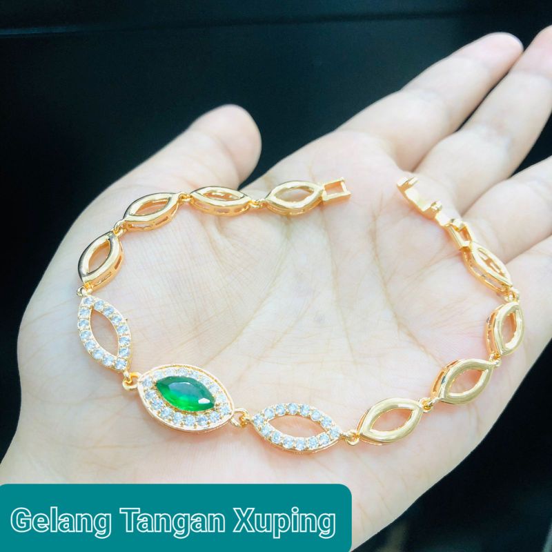 Gelang tangan wanita dewasa xuping lapis emas permata hijau