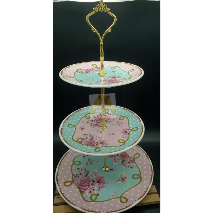Keramik Piring Susun 3 utk tempat buah/ kue / permen Shabby gold 2399 .