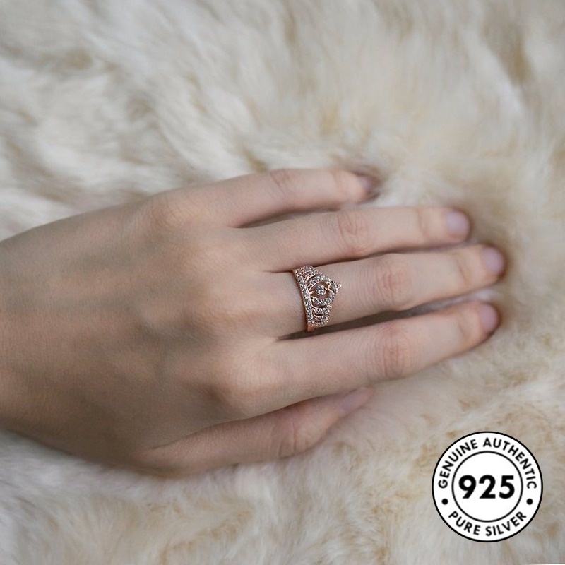 Cincin S925 Silver Rose Gold Bentuk Mahkota Aksen Berlian