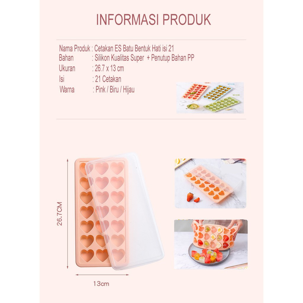 Cetakan Es Batu silicon/Ice Tray 21 Cube+Tutup /Cetakan Es Bentuk Hati