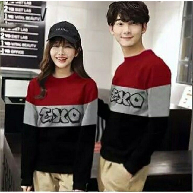 Baju couple lengan panjang 3 warna blaster keren bahan lembut murah berkualitas Exo Lp merah