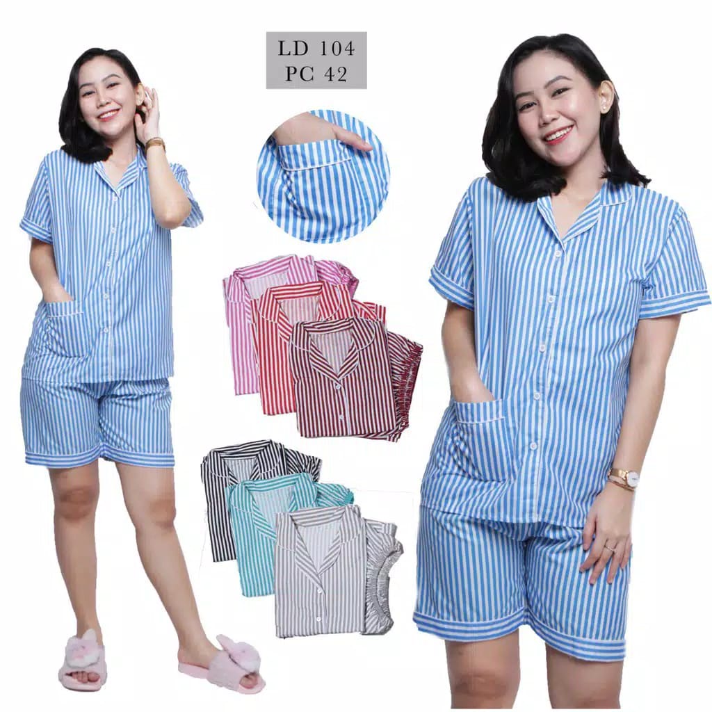 BAJU TIDUR WANITA/PIYAMA WANITA KATUN MOTIF SALUR BABY LENGAN PENDEK HP