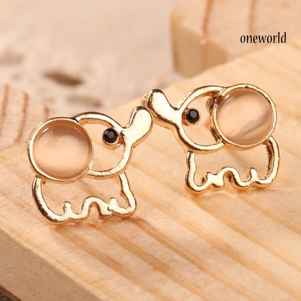 OW# Cute Women Faux Opal Inlaid Hollow Elephant Shape Ear Stud Earrings Jewelry Gift