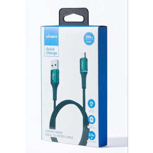 Kabel Vivan Micro USB Android 2.4A LEDLight Quick Charge 100cm VDM-100 Green