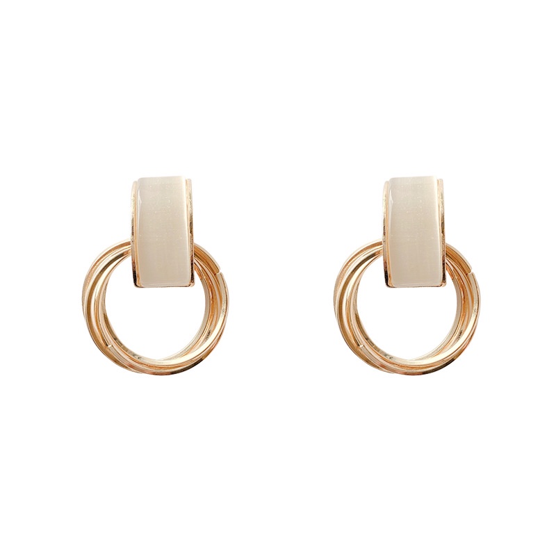 Anting Stud S925 Silver Needle Opal Bentuk Bulat Geometris Gaya Klasik