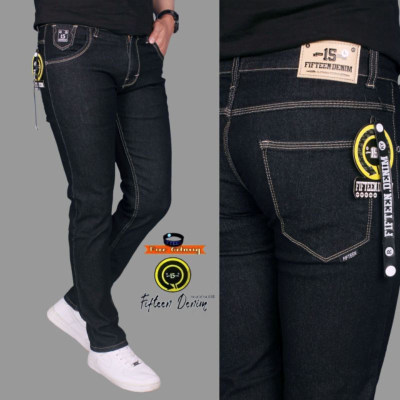 Celana Pria Jeans Premium Original Fifteen Denim Plain Black Jeans Strech Karet Ngaret