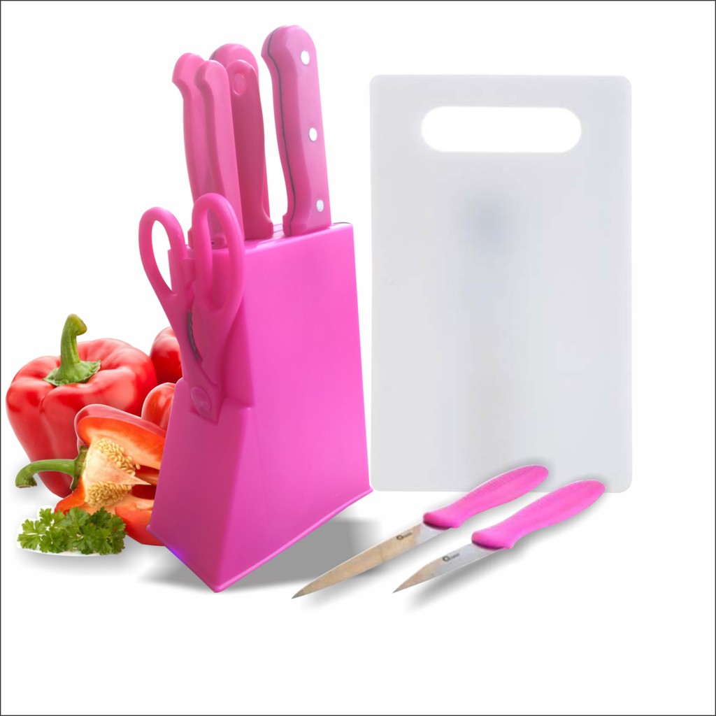 Pisau Set Stainles + Tatakan (Knife Set 8 Pcs) PINK