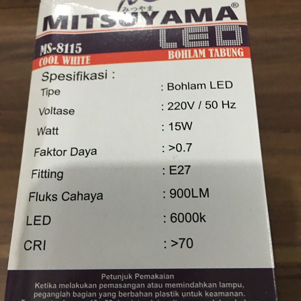 Bohlam Tabung LED 15W Terang Besar Cahaya Putih Merata Mitsuyama MS8115