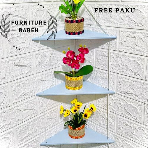 furniture rak gantung tali/rak sudut segitiga 3 susun/rak tatakan bunga/rak penyimpanan barang kesayangan/rak kosmetik/rak serbaguna minimalis dan estetick