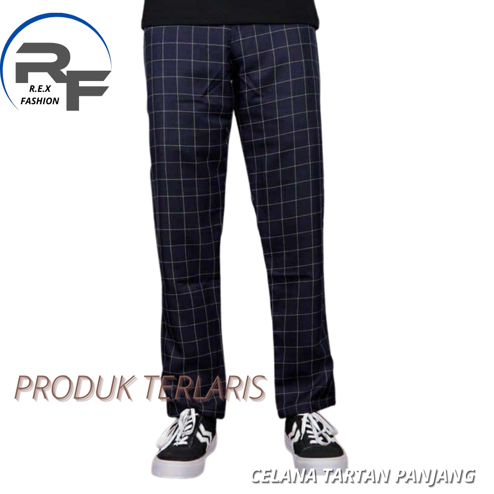 Celana Panjang Pria Dewasa Motif Tartan Kotak-Kotak Bahan Semi Woll Varian Warna Hitam Abu-Abu Navy 