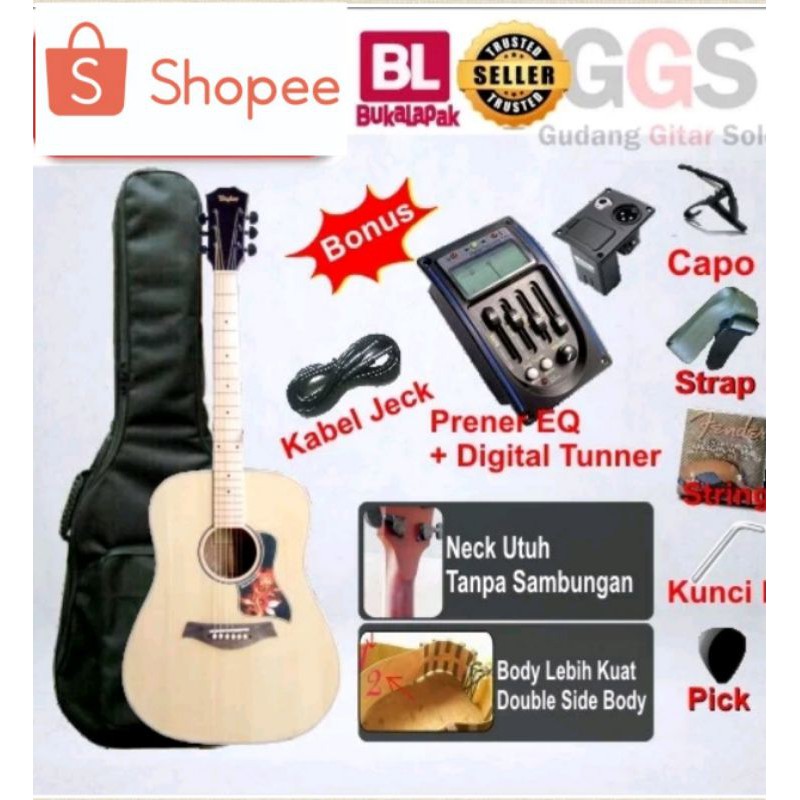 promo gitar jumbo akustik elektrik tuner dobel ran neck utuh