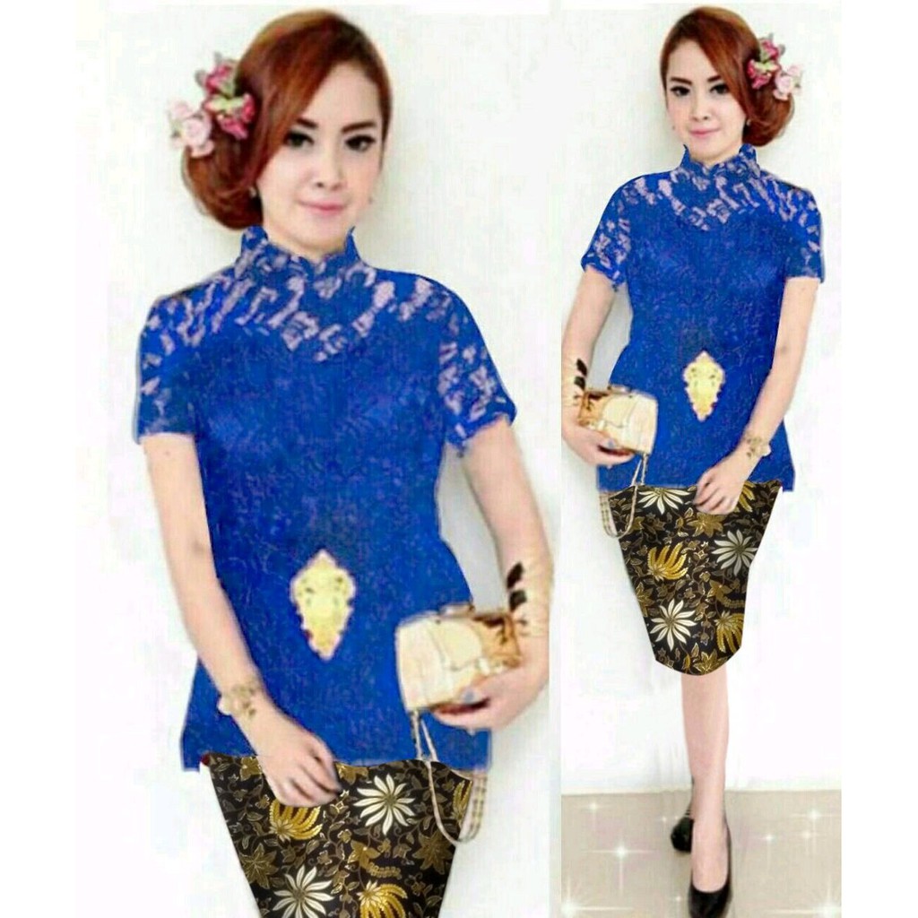 Unik Setelan Kebaya Modern Biru Rok Batik Span Pendek Limited