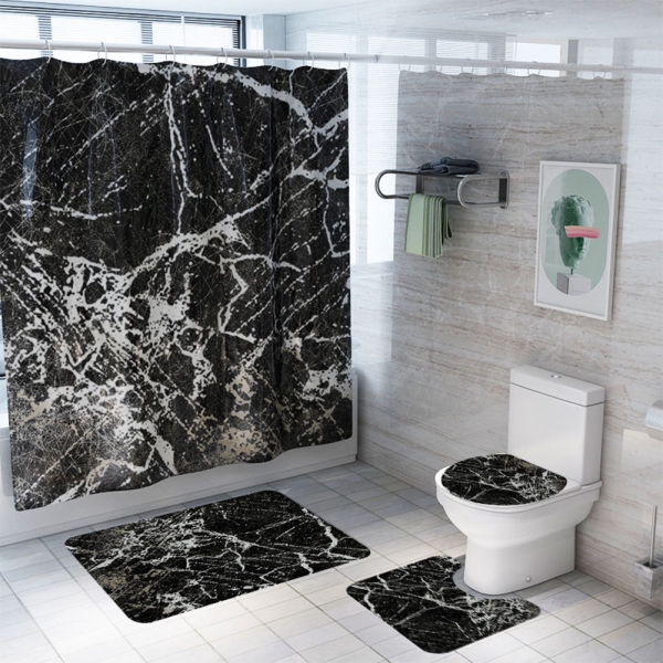 Marble Printed Shower Curtain Rug Lid Toilet Cover Mat Bath Mat Set Bathroom Curtains With 12 Hooks Shopee Indonesia