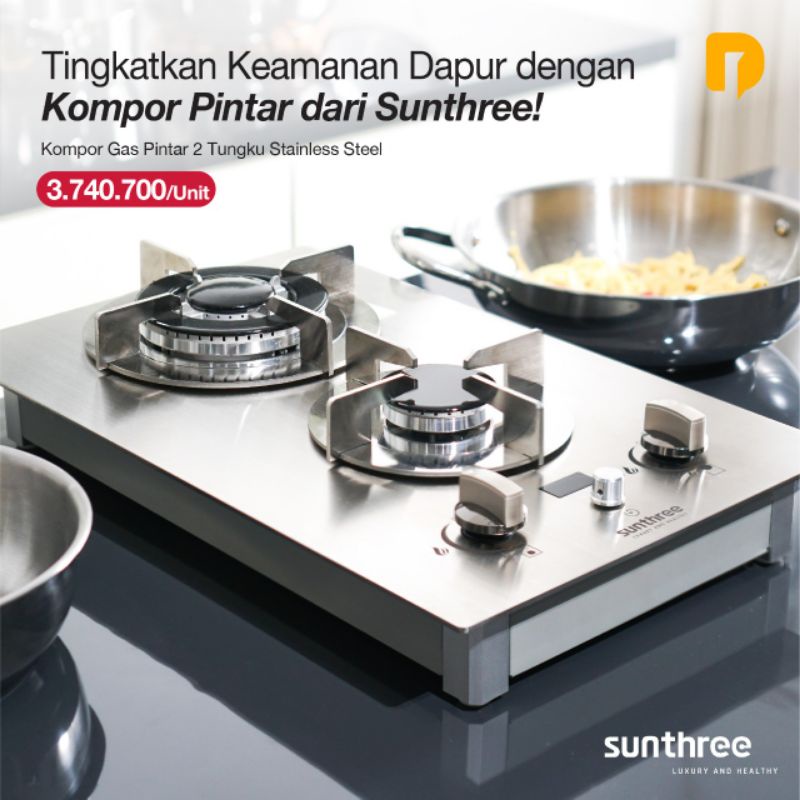 Sunthree Kompor Gas Pintar 2 Tungku Stainless Steel | Kompor Quantum 2 Tungku