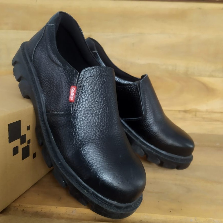 SEPATU SAFETY KULIT SAPI ASLI FANTOFEL KERJA LAS PROYEK KANTOR KITCHEN DAPUR KING KICKERS MURAH Sepatu Safety Slip On Hitam