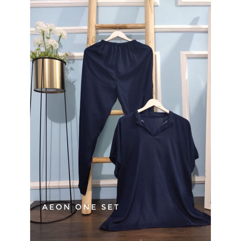AEON ONE SET POLOS RAYON LENGAN PENDEK BUSUI ALL SIZE-Navy