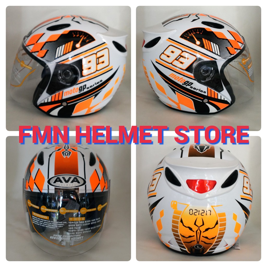 Helm AVA Half Face Centro Motif Motogp Marquez Putih Orange
