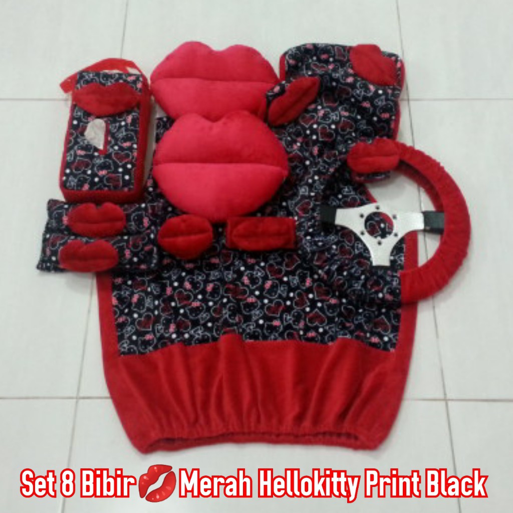 Bantal mobil set 8 Headrest Kepala Bibir Merah HelloKitty Print Hitam