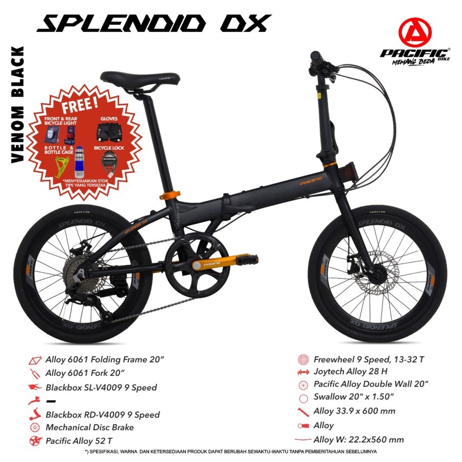 SEPEDA LIPAT PACIFIC SPLENDID DX 20” 9 SPEED FRAME ALLOY MECHANICAL DISC BRAKE BICYCLE FOLDING BIKE