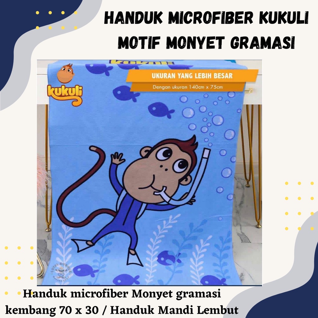 [BISA COD] Handuk microfiber Kukuli Motif Monyet gramasi 30x70 / Handuk Mandi Lembut