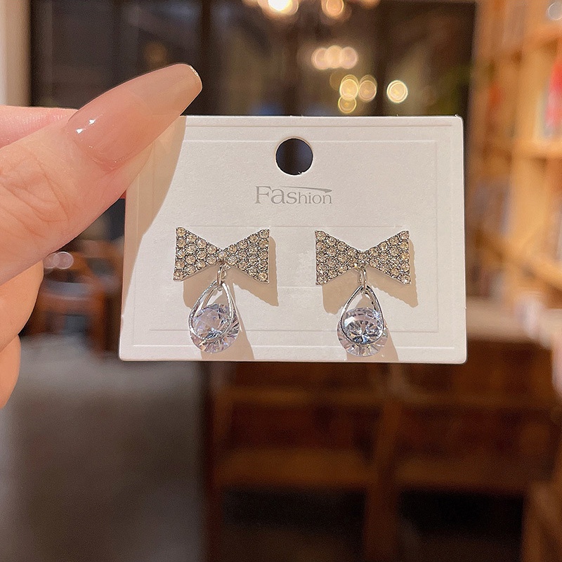 Anting Tusuk Gantung Bahan Sterling silver 925 Desain Pita Hias Zircon Gaya Mewah Untuk Wanita