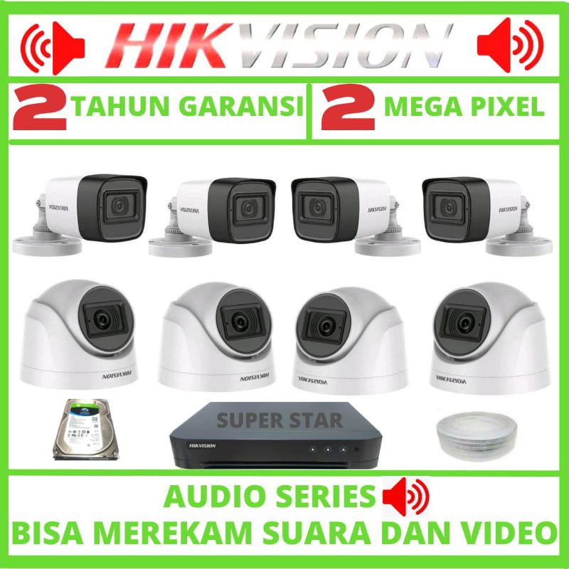 PAKET CCTV HIKVISION 8 CHANNEL 8 KAMERA 2MP AUDIO SERIES ORIGINAL