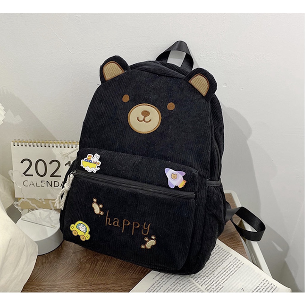 WYK104B Tas Ransel Wanita Korduroi Muka Beruang Face Bear Backpack Feather Impor TKM